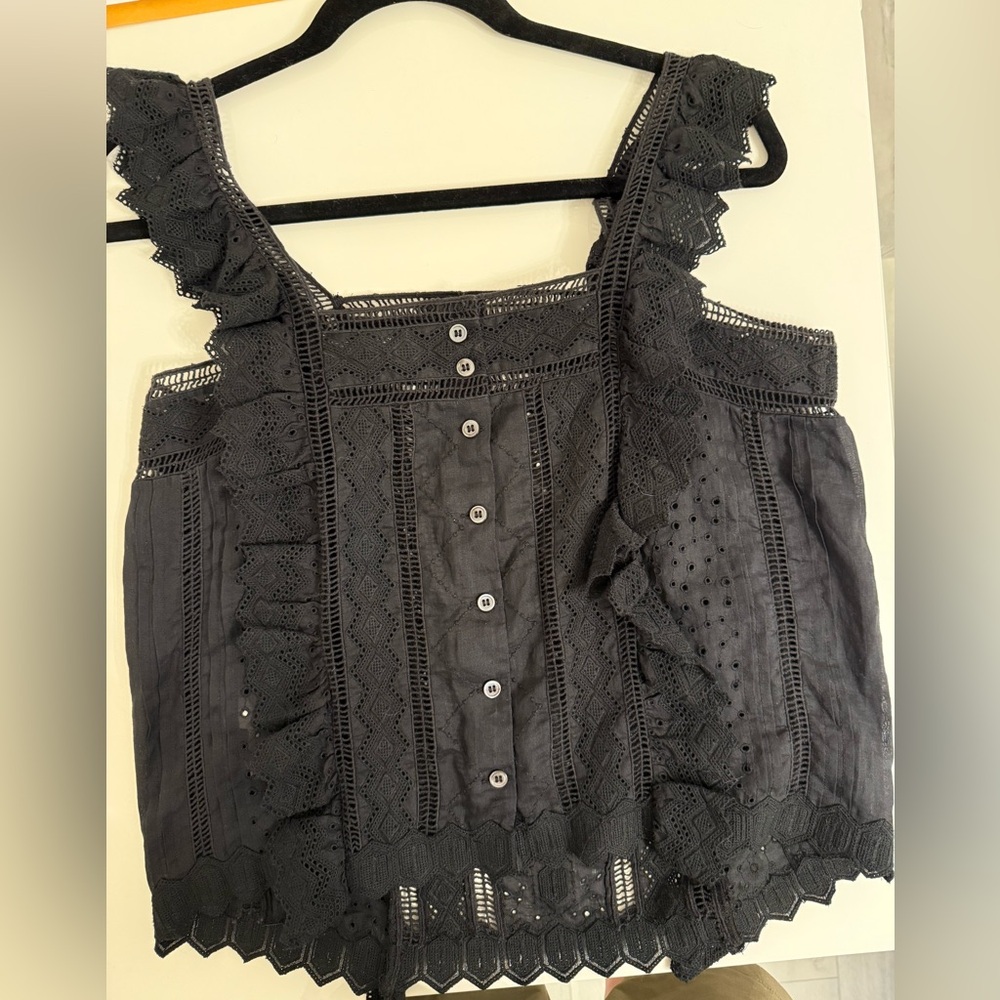 Frame Denim Black Linen Lace Trimmed Top